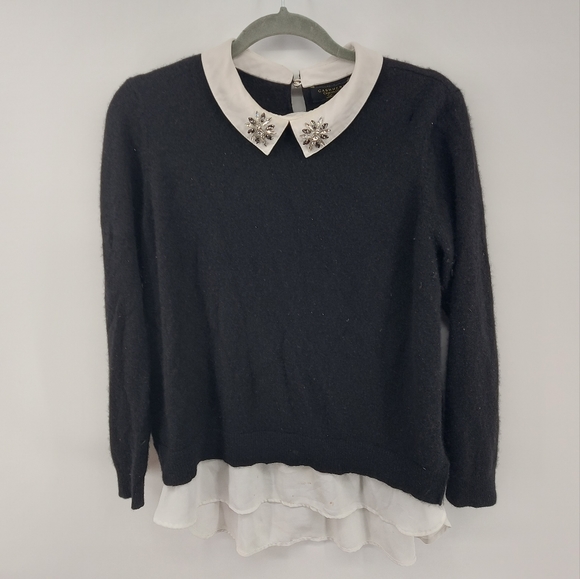 CHARTER CLUB Pure Cashmere Embellished Layered-Look Sweater Large Black & White - Picture 4 of 9
